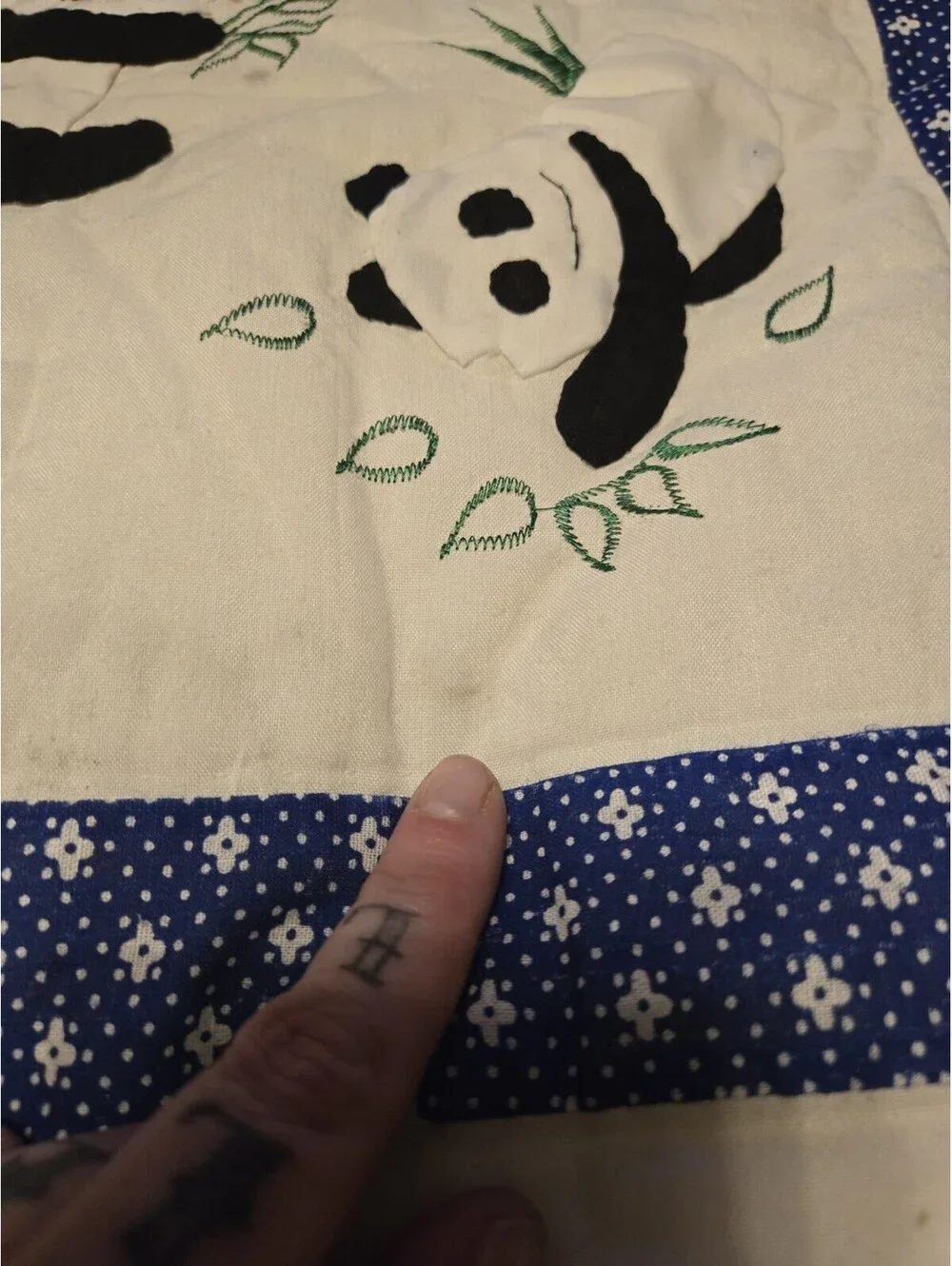 Cute Panda Bear Handmade Baby Quilt Blue Geometric Border Nursery Crib Blanket
